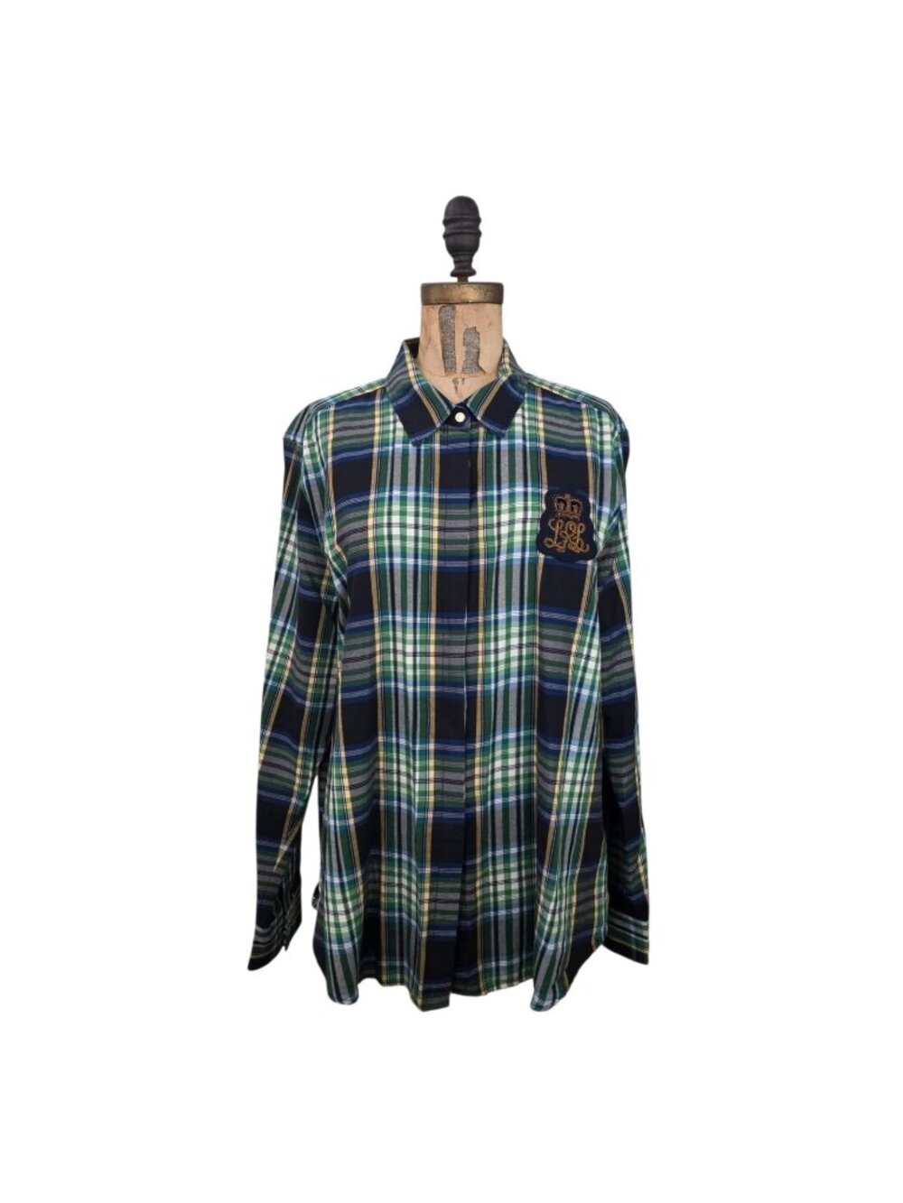 Lauren Ralph Lauren Green Plaid Beaded Crest Logo Button Down Shirti XL